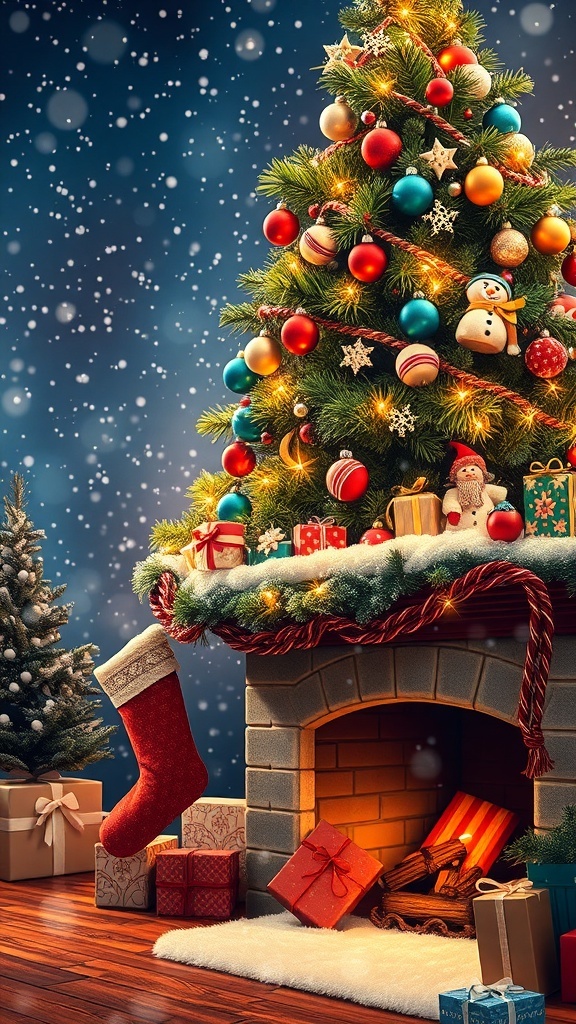 A decorated Christmas tree with gifts and a cozy fireplace in a snowy setting.